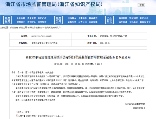 桃子视频APP黄下载入选2023年度浙江省信用管理示范企业名单