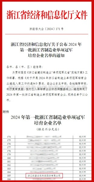 桃子视频APP黄下载入选2024年第一批浙江省制造业单项冠军培育企业名单